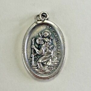 Vintage St. Christopher Silvertone Oval Pendant 1" ~ Italy ~ Patron Saint Travel